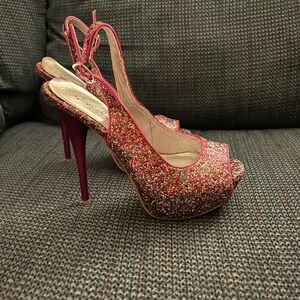 QUPID Glittered Platform SHOES Pink Stiletto Heel size 6.5 Open-toe Slingback